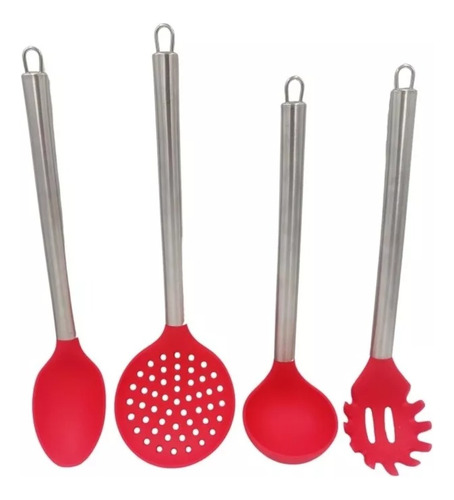 Conjunto Colheres Silicone Cabo Inox Vermelho 4 Pçs