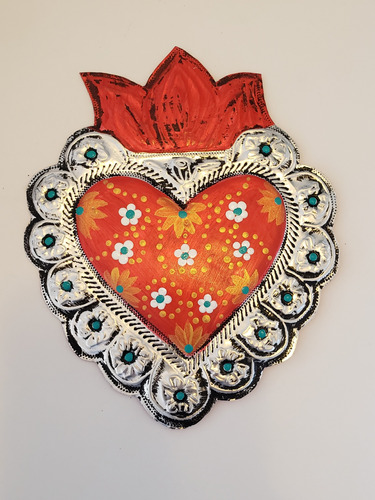 Corazón Mexicano De Aluminio Repujado Y Pintado A Mano