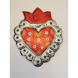 Corazón Mexicano De Aluminio Repujado Y Pintado A Mano