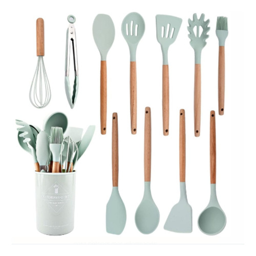 Set 12 Utensilios Cocina Mango Silicona Y Madera Repostería