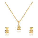 Conjunto Colar E Brincos Infantil Urso Folheado A Ouro 18k 