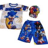  Playera Short Y Gorra De Sonic Conjunto Infantil Sublimado 