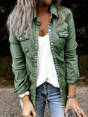 Chamarra De Jean Mujer Verde Con Bolsillos Moderna Casual