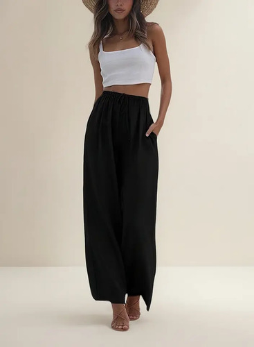 Pantalones Anchos Casuales Sueltos Lino Algodón Para Mujer