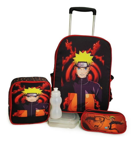 Kit Mochila De Rodinha Naruto Juvenil Escolar Pronto Envio 