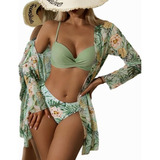 . Conjunto De Pareo De Playa De Kimono + Bikini Floral For