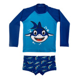 Conjunto Praia Camiseta Uv E Sunga Infantil Baby Shark Verão