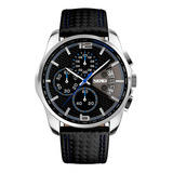 Reloj Hombre Skmei 9106 Cuero Ecologico Cronografo Elegante Color De La Malla Azul Color Del Bisel Plateado Color Del Fondo Negro