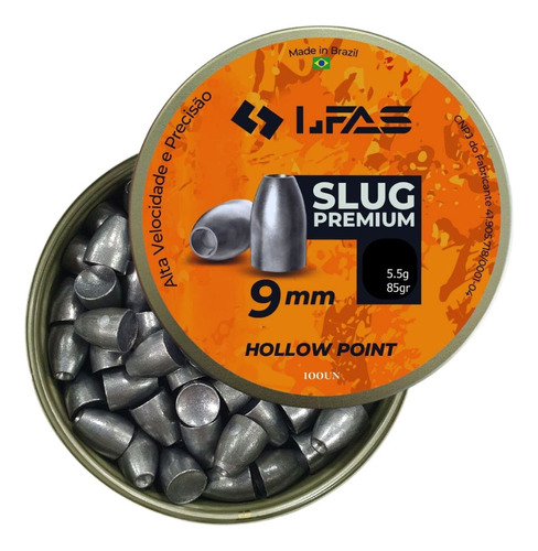 Chumbo Slug 9mm Lfas Chumbinho Premium 5,5g 85 Grains 100un
