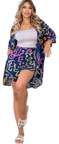 Conjunto Feminino Kimono + Shorts Moderno Leve Cara Do Verão