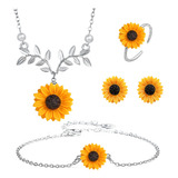 Girasol Conjunto Collar Pulsera Pendientes Anillo Set Mujer