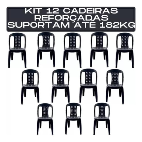 Kit 12 Cadeiras Plástica Preta Bistrô P/até 182kg Resistente