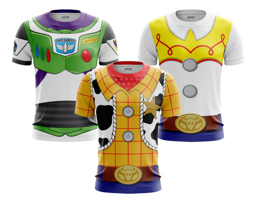 Kit 3 Camisa Camiseta Toy Story Woody Buzz Jessie Dry Fit Uv