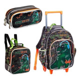 Kit Mochila Escolar De Rodinha Infantil Dino Dinossauro