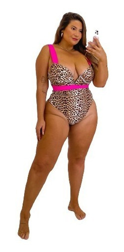 Maio Plus Size Animal Print Com Aro E Bojo Oncinha Modelador