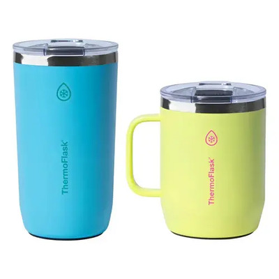Set De 2 Termo Y Taza Thermoflask Con Aislamiento Al Vacío Colores Azul Y Amarillo, Mantiene Bebidas Frías Por 6h Y Calientes Por 6h, Ideal Para Deporte, Oficina, Camping Y Uso Diario | Meses sin interés