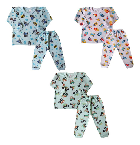 Kit 6 Pçs - Pijama Tamanhos 1, 2 E 3 Anos 3 Blusa + 3 Calça