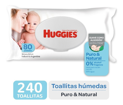 Huggies Toallas Húmedas Puro Y Natural 3 Packs X 80 Unidades