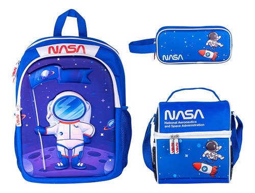 Kit Mochila Lonchera Y Lapicera Escolar Nasa Astronauta