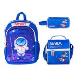 Kit Mochila Lonchera Y Lapicera Escolar Nasa Astronauta