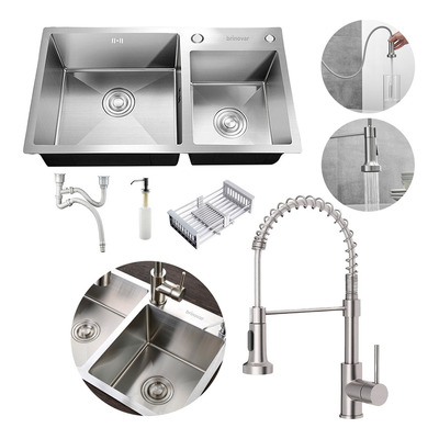 Kit Cuba Dupla Pia Gourmet Cozinha Luxo E Torneira Monocomando Misturador Aço Inox 304 Cor Prata Brinovar