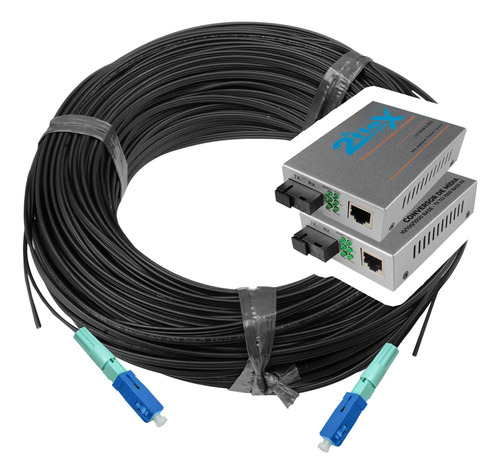 Kit 350 Mt De Cabo Fibra Óptica + Conversor De Mídia Sc Rj45