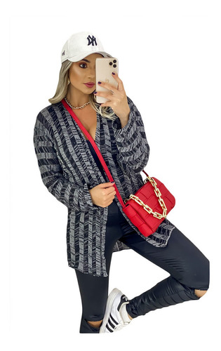 Kimono Feminino Casaco Tricot Inverno Listrado Quente