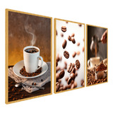 Quadros Decorativo Café Xicara Moldura Grande 3 Peças Luxo