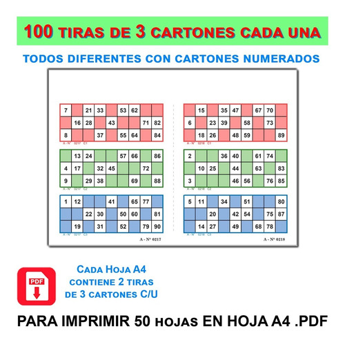 100 Tiras De 3 Cartones C/u Bingo Lotería 90 Bolillas Pdf