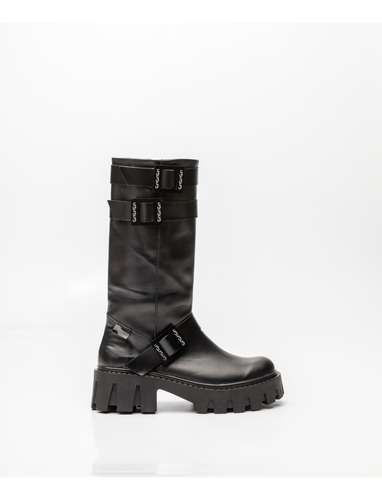 Bota Biker Mujer Caña Alta Cuero Vacuno Negro Barolo Hebilla