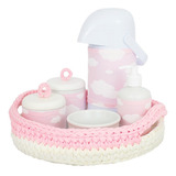 Kit Higiene Crochê Porcelanas Garrafa Grande Nuvem Rosa Bebê