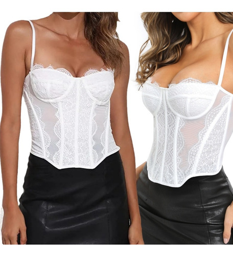 Corsé De Encaje Tipo Bustier De Malla, 2 Piezas