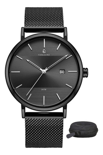 Relógio Masculino Minimalista Preto Aço + Case Estojo Viagem