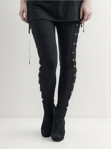Pantalón Mujer Gótico Lado Encaje Hasta Leggings Negro Skinn