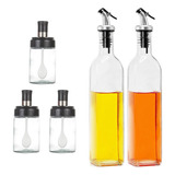 Set De 2 Botellas Aceite, Vinagre + 3 Especieros De Cristal