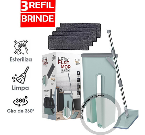 Esfregão Flat Mop Rodo Balde Vassoura Magica C/ 3 Refil Pano