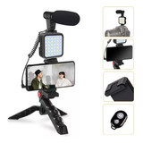 Kit Youtuber Tripé Para Celular Pedestal Luz Led Microfone