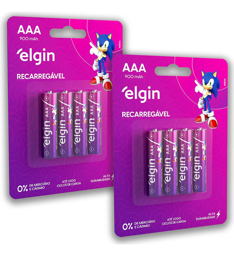 08 Pilhas Aaa 900mah Elgin Palito Recarregável 2 Cartelas