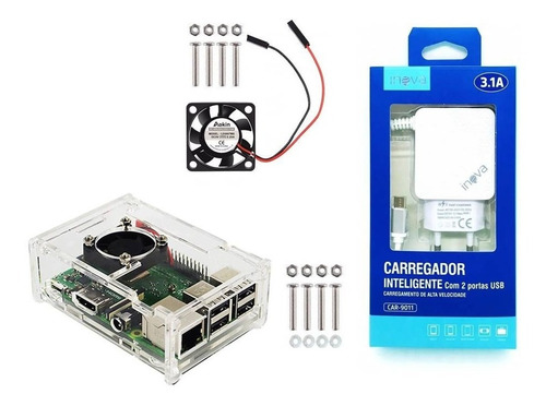 Case Acrílico Raspberry Pi3(b)+ Cooler + Fonte 3.1 Amper.