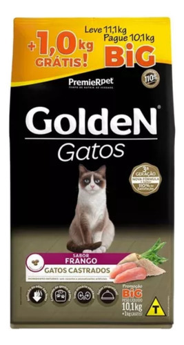 Ração Golden Gatos Adultos Castrados Frango Big 10,1kg + 1kg