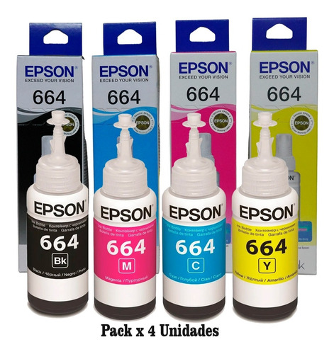 Kit X4 Tintas Epson 664 Originiales L210 L200 L355 L355 L375