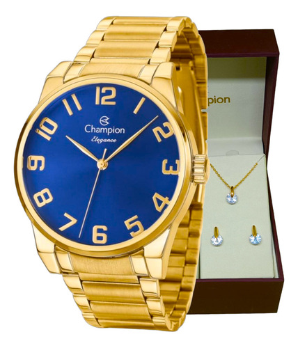 Relógio Feminino Champion Dourado A Prova Dágua Fundo Azul
