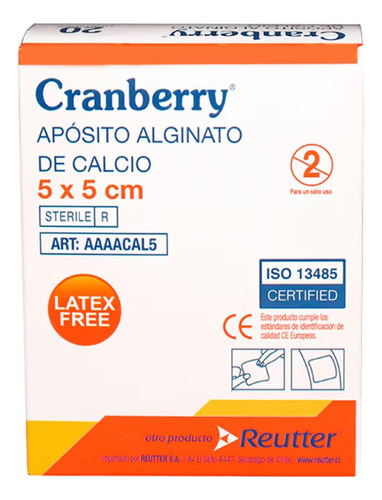 Apósito Alginato Calcio 5x5 Cranberry 20 Unidades