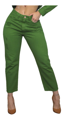 Calça Jeans Feminina Mom Cintura Alta Premium Verde Bandeira