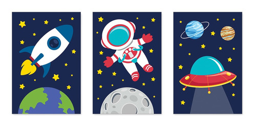 Kit 3 Quadros Infantil Quarto Menino Bebe Astronauta 0111