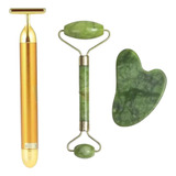 Kit Massagem Rosto Pedra Jade+ Massageador Dourado Anti Ruga