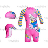 Traje De Baño Niña Unicornio Cool + Gorro Natacion+gorrosol 