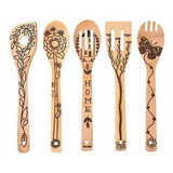 Utensilio Quemado Cucharas De Madera Set Ranurado Cuchara 5p