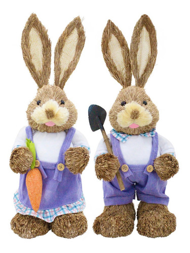 Casal Coelhos Páscoa Decoração Enfeite Palha Coelhinho 46cm