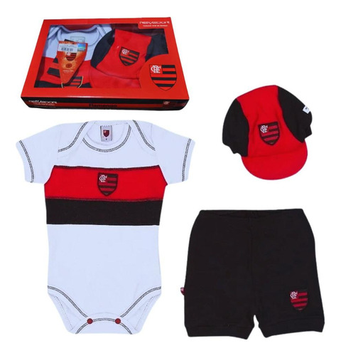 Uniforme Bebê Flamengo Body Shorts E Boné Bordados Oficial